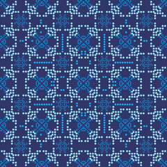 Navajo Seamless Tribal Stripe Pattern: Abstract Ancient Aztec Motifs with White Starburst Dots on a Dark Indigo Blue Ethnic Fabric Decoration.