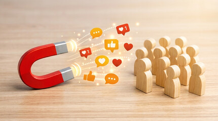 Red Horseshoe Magnet Attracting Social Media Icons and Wooden People Figures red magnet