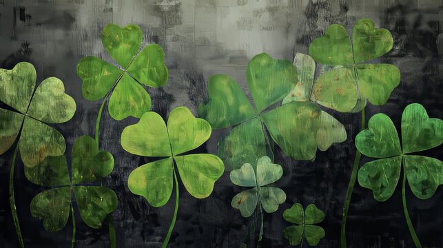 Vibrant St. Patrick's Day illustration of four-leaf clovers on a dark textured background with emerald green hues. Weathered aesthetic highlights luck and tradition for holiday designs cultural themes