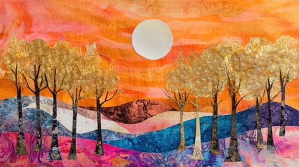 Vibrant paper collage of a fairytale forest with golden apple trees, stylized hills, and a sunrise made from woven paper, hinting at childhood wonder. 