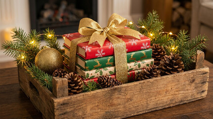 Stack of Christmas Themed Books Tied with Gold Ribbon in Wooden Crate with Pine Branches and Lights