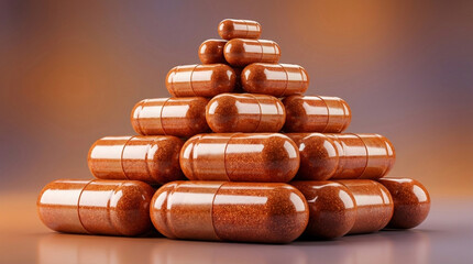 Stacked Pyramid of Orange Gelatin Capsules Filled with Granules pills medication