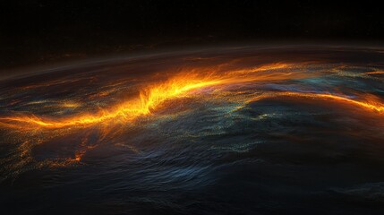 Abstract fractal artwork depicting fiery energetic light waves and flowing textures