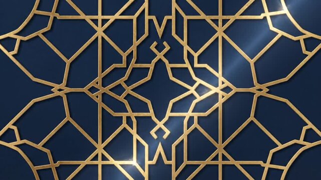 Geometric gold pattern on a dark blue background with intricate designs and reflections
