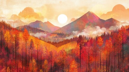 Warm and textured illustration of a fall landscape with mountains, sun, puffy clouds, and stylized orange and red trees creating a cozy atmosphere.