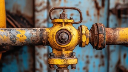 A weathered yellow industrial valve with a rusty metal handle connected to a pipe