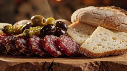 A delectable and rustic charcuterie board featuring an exquisite assortment of gourmet cured meats artisanal cheeses various olives and freshly baked crusty bread perfect for a sophisticated appetize.