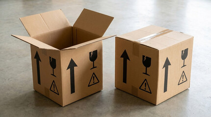 Two Cardboard Shipping Boxes With Handling Symbols On A Concrete Floor packaging