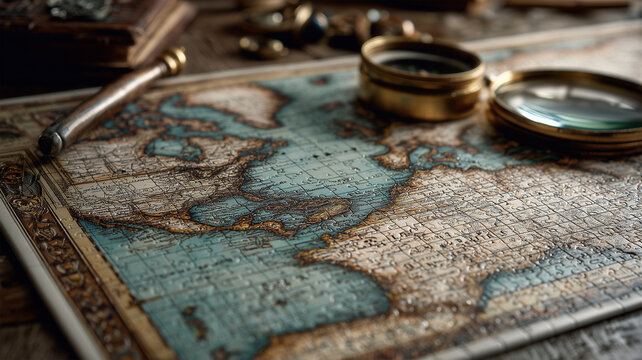 夕方の木の机、古地図パズルが組み合わさり旅の道具が奥に滲む