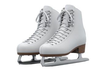 pristine classic white leather figure skates, highly detailed via 100mm macro product photography on a seamless transparent studio backdrop. concept of high-quality craftsmanship