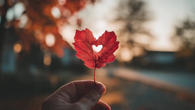 A delicate red leaf shaped like a heart is held up against a bright blurred sunset backdrop 4k video