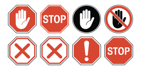 Stop red sign icon with white hand, do not enter, warning stop sign vector stock illustration, safety symbol for traffic management, public warning, and hazard prevention.