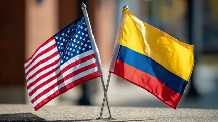 Colombia and usa flags displayed together outdoor event cultural exchange urban setting close-up view