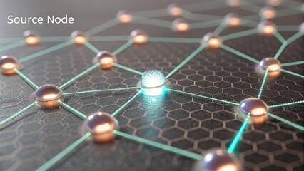 Abstract network of glowing nodes and connections over a hexagonal surface