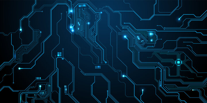 Circuit board components on a technology blue background. Horizontal web banner with empty place for text. AI chip on a futuristic chipset motherboard. Tech bg. Abstract digital vector illustration.