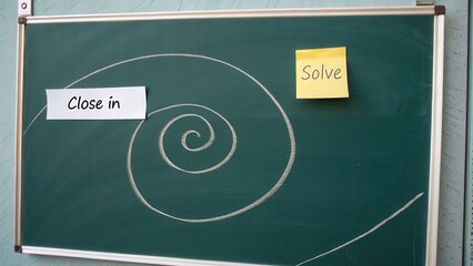 Chalkboard Spiral Drawing with Sticky Note Labeled 'Solve' and Paper Label, Representing Problem Solving and Learning