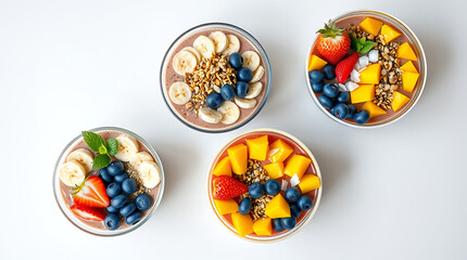 Healthy Breakfast Bowls with Fresh Fruit, Yogurt and Granola on White Table