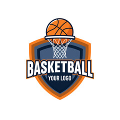 Dynamic basketball logo featuring a vibrant orange ball and bold shield design