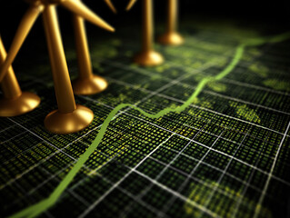 Rising Global Market Trend With Gold Push Pins On a Green Electricity Price Graph