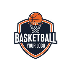 Dynamic basketball logo design featuring a shield emblem with hoop and vibrant