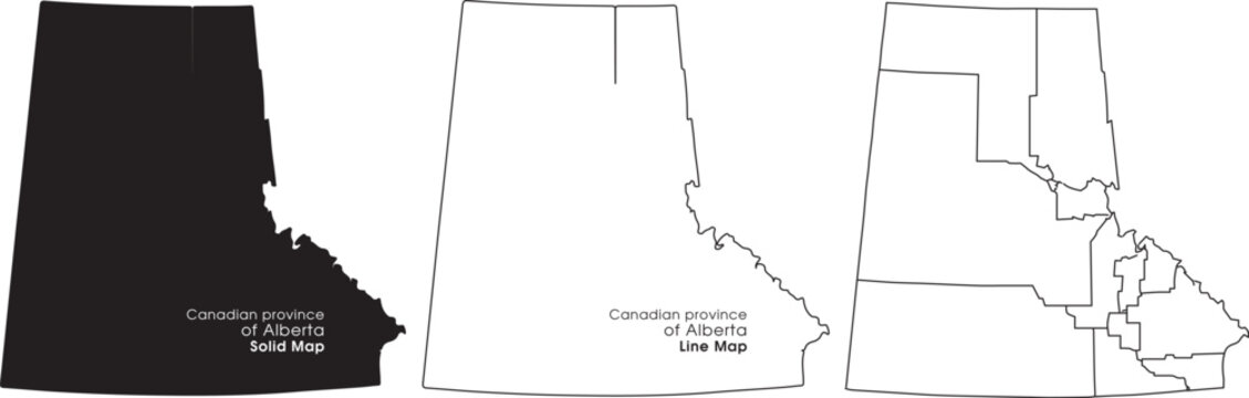 Detailed illustrations of alberta province maps in black and white line art styles with vector and Canada and geography and cartography and graphic