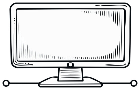Old computer monitor hand drawn illustration black and white retro desktop display technology sketch