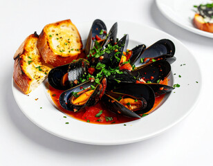 Steamed mussels in marinara sauce served with garlic bread, white plate. AI