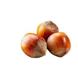 Three hazelnuts close-up, displaying a warm brown shell with prominent striped patterns