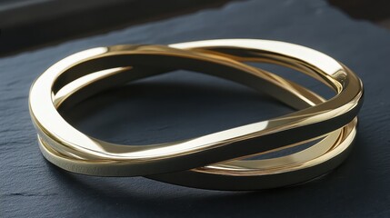 Polished bronze interlocking rings forming an abstract symbol with smooth curves and reflections on a dark background