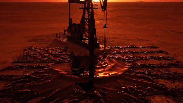 oil rig at sunset with spilled oil forming shape of usa flag on the ground