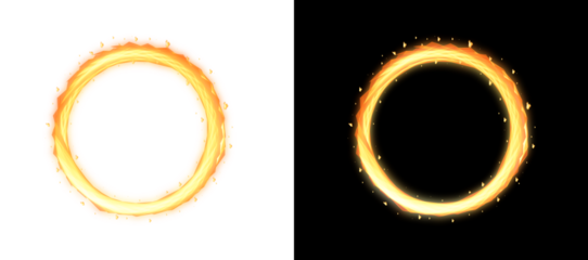 Fiery circle portal with orange sparks and glowing particles on transparent and black backgrounds magic ring cosmic energy vortex effect