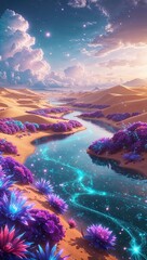 A surreal fantasy landscape at dawn