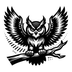 Fototapeta premium owl sitting on tree branch with wings wide open 