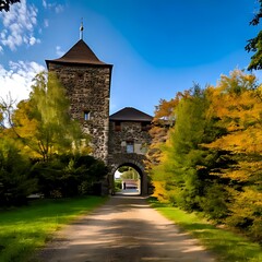 Medieval Gatehouse in Autumn - A Historic Landmark Amidst Colorful Foliage.