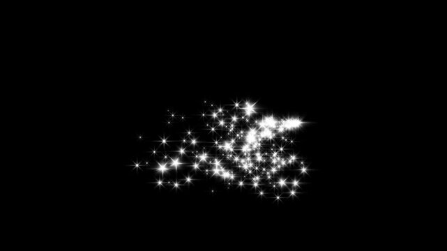 Glittering star dust trail sparkling particles, glitter sparkle line stars animated black screen, magical dust trail, white shining dust light, white glitter sparkle line with floating star. 4k