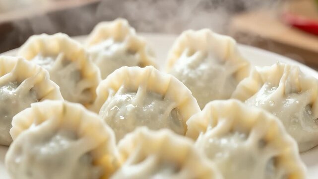 Close up of steaming hot dumplings on plate for Lunar New Year