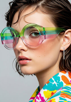Close-Up Fashion Portrait of a Woman Wearing Colorful Transparent Sunglasses on light greay Background