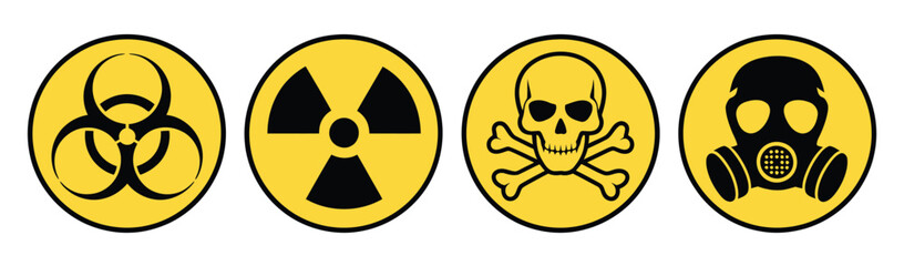 Hazard danger yellow vector signs, radiation sign, biohazard sign, toxic sign, gas mask, vector illustration for safety alerts, industrial hazard communication, and risk awareness.