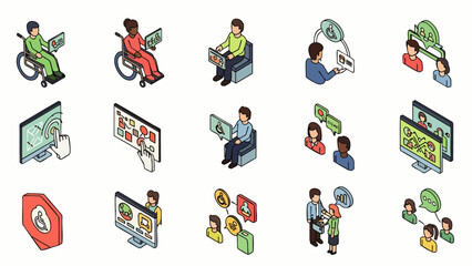 Fototapeta premium Diverse people collaborating and using technology for business, communication, and accessibility, isometric icons set