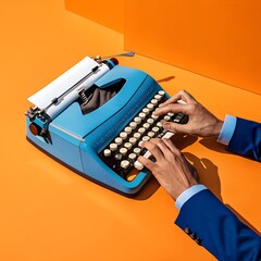 Vintage Typewriter Writing Concept With Blue Machine And Orange Backdrop