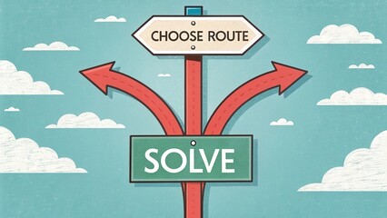 Signpost indicating 'Choose Route' with three diverging paths, one labeled 'Solve' signifying critical decision making and finding solutions