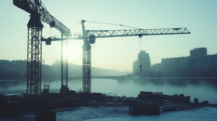 Towering cranes stand tall against a misty morning sky at a construction site with city buildings in the background and visible progress on new structures