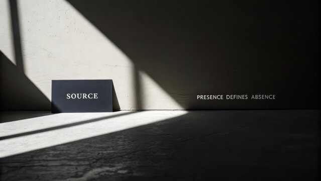 Strong light source casting dramatic shadows across a minimalist backdrop with text elements - Powered by Adobe