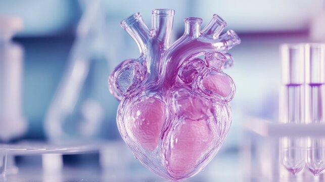 Transparent plastic anatomical heart model with chambers on display