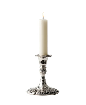 Elegant silver candlestick with single candle isolated on white background