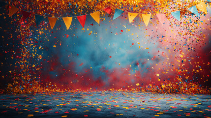 Festive carnival scene with fluttering flags, falling confetti, and clear space for celebration messaging