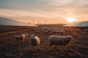 Flock of sheep grazing in an agrivoltaic farm field integrated with solar panels and wind turbines during a golden sunset. Sustainable agriculture concept