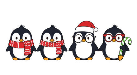Fototapeta premium Row of four cute penguins are dressed in red winter scarves, a Santa hat, glasses, and holding a festive candy cane.