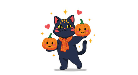 Friendly black cat wearing a red and orange scarf is holding two cute carved pumpkins with happy faces on a white background.