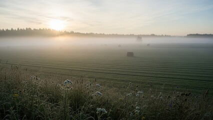 Foggy Field at Sunrise with Misty Landscape.